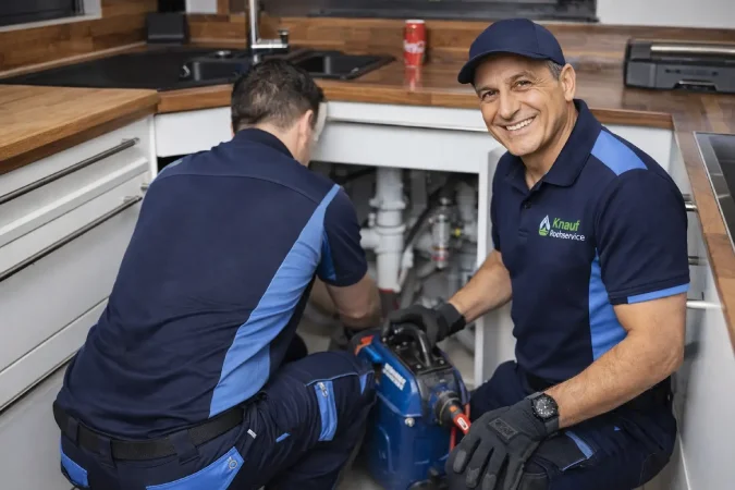 Knauf Rohrservice Team bei der Abflussreinigung in der Küche